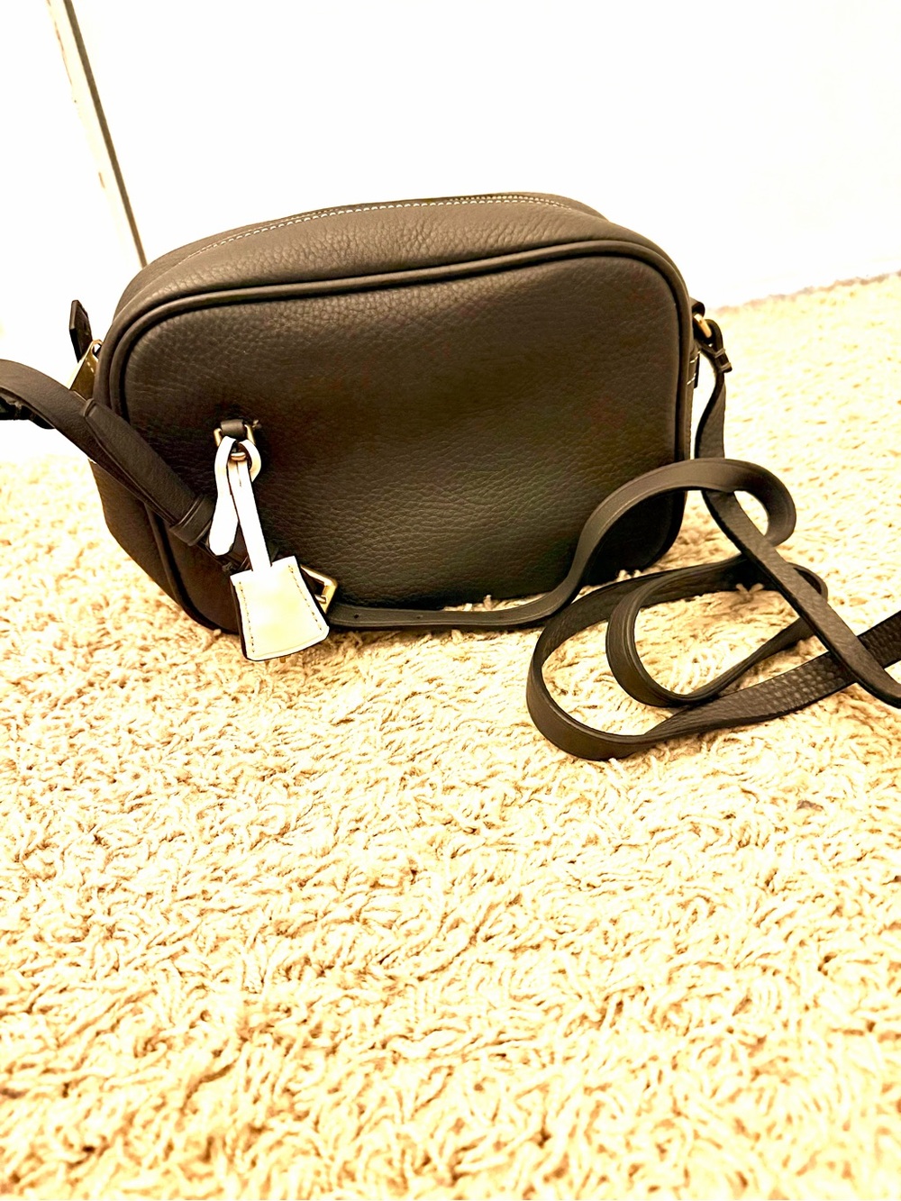 J. Crew Charcoal Leather Camera Bag with Charm & Gold Hardware